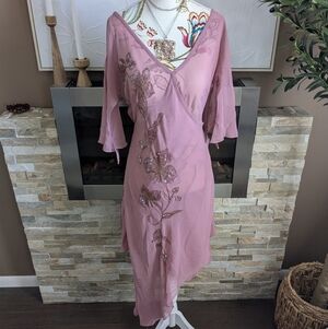 Chic Asymmetrical Mauve Dress with Floral Accents